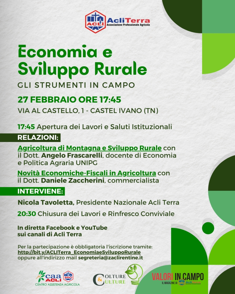 ECONOMIA E SVILUPPO RURALE: ACLI TERRA A CASTEL IVANO (TN) IL 27 FEBBRAIO PER UN CONFRONTO SU INNOVAZIONE E COMPETIZIONE